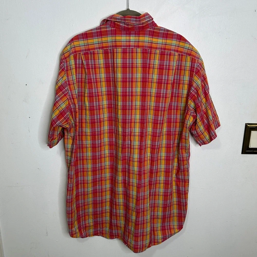 Polo Ralph Lauren Mens Large Pink Orange Plaid Short‎ Sleeve Cotton Button Shirt